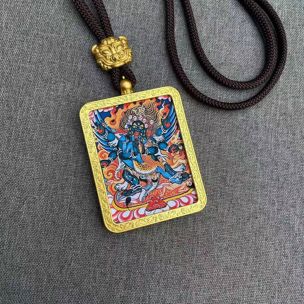 Handmade Tibetan Thangka Pendant Necklace - Samantabhadra Bodhisattva Zodiac Guardian Amulet for Dragon & Snake