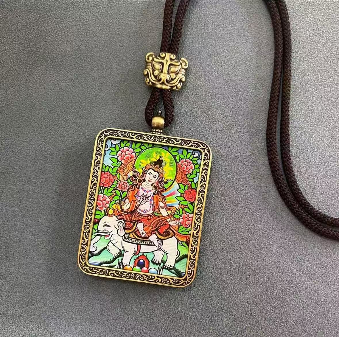 Handmade Tibetan Thangka Pendant Necklace - Samantabhadra Bodhisattva Zodiac Guardian Amulet for Dragon & Snake