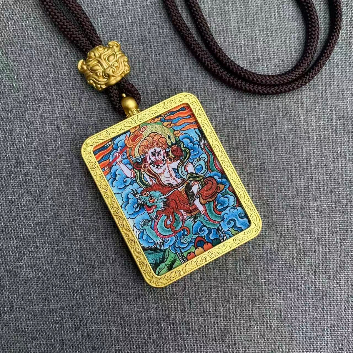 Handmade Tibetan Thangka Pendant Necklace - Samantabhadra Bodhisattva Zodiac Guardian Amulet for Dragon & Snake