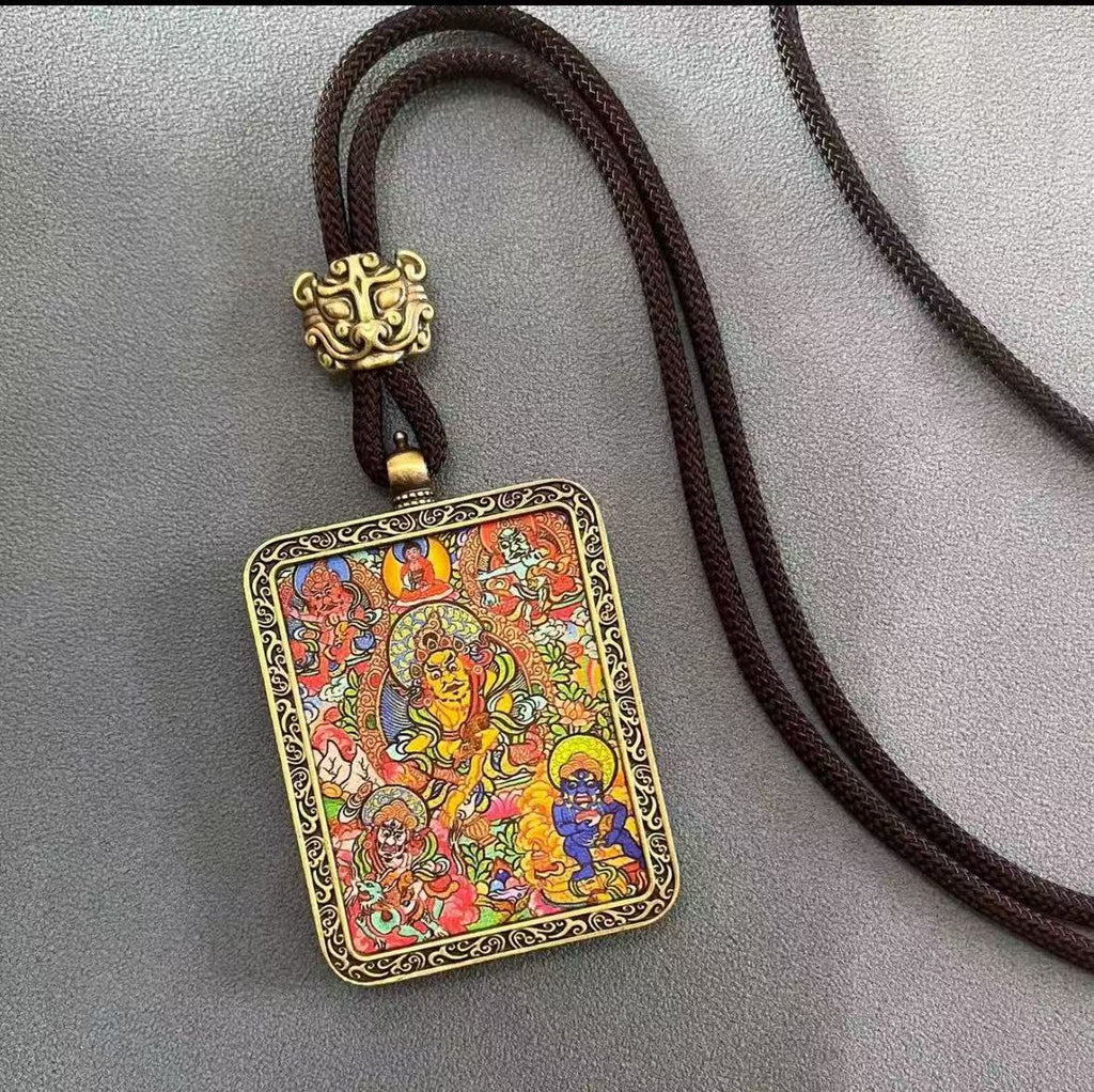 Handmade Tibetan Thangka Pendant Necklace - Samantabhadra Bodhisattva Zodiac Guardian Amulet for Dragon & Snake