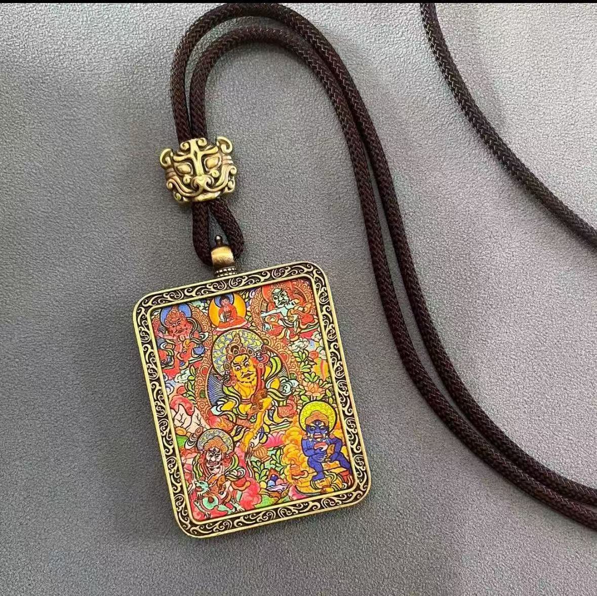 Handmade Tibetan Thangka Pendant Necklace - Samantabhadra Bodhisattva Zodiac Guardian Amulet for Dragon & Snake