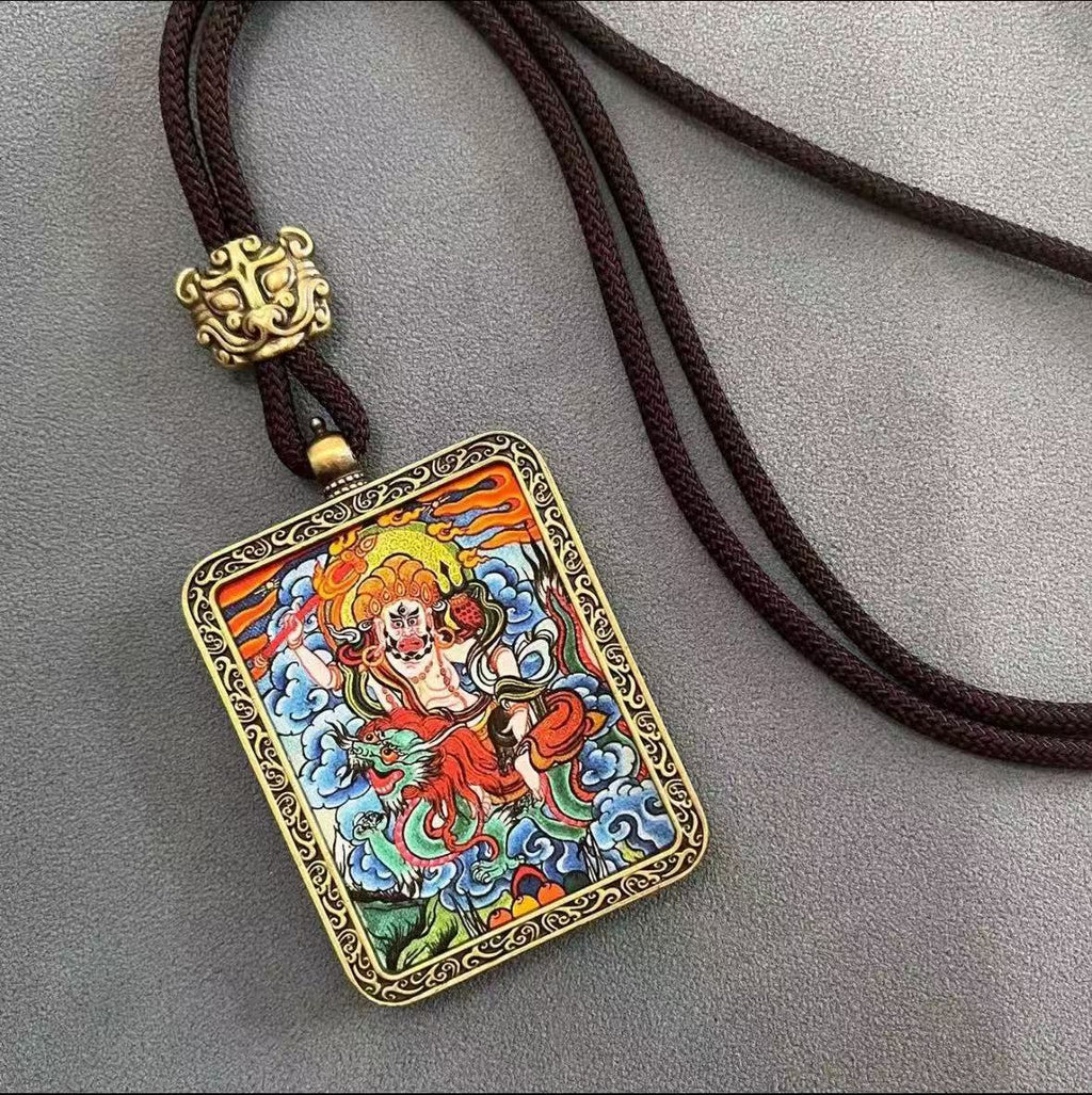 Handmade Tibetan Thangka Pendant Necklace - Samantabhadra Bodhisattva Zodiac Guardian Amulet for Dragon & Snake