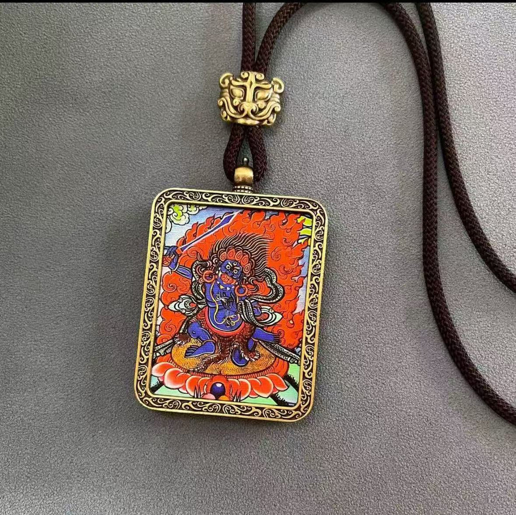 Handmade Tibetan Thangka Pendant Necklace - Samantabhadra Bodhisattva Zodiac Guardian Amulet for Dragon & Snake