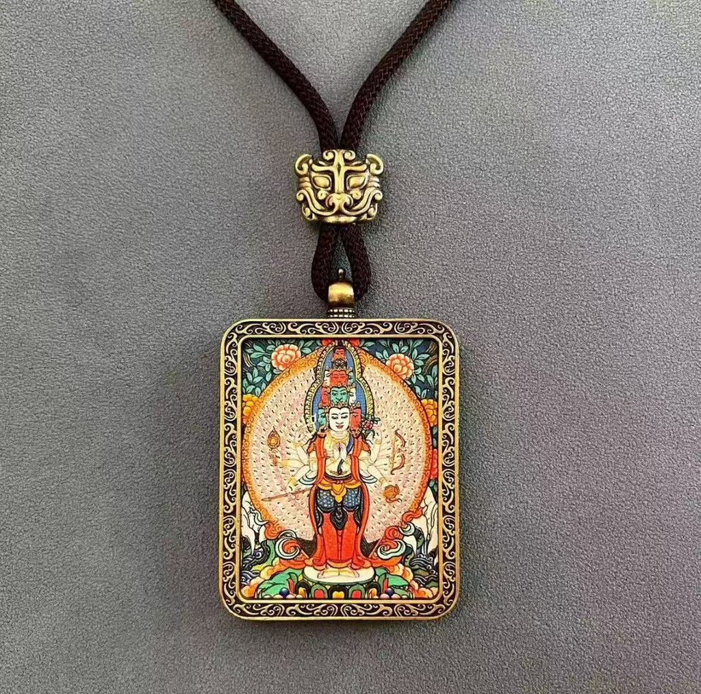 Handmade Tibetan Thangka Pendant Necklace - Samantabhadra Bodhisattva Zodiac Guardian Amulet for Dragon & Snake