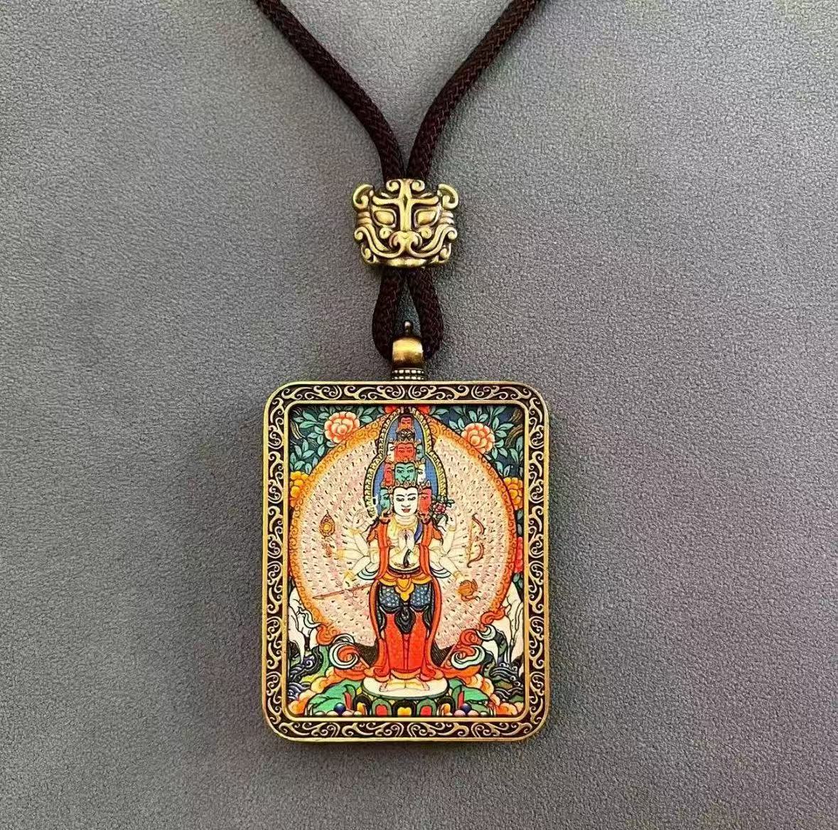 Handmade Tibetan Thangka Pendant Necklace - Samantabhadra Bodhisattva Zodiac Guardian Amulet for Dragon & Snake
