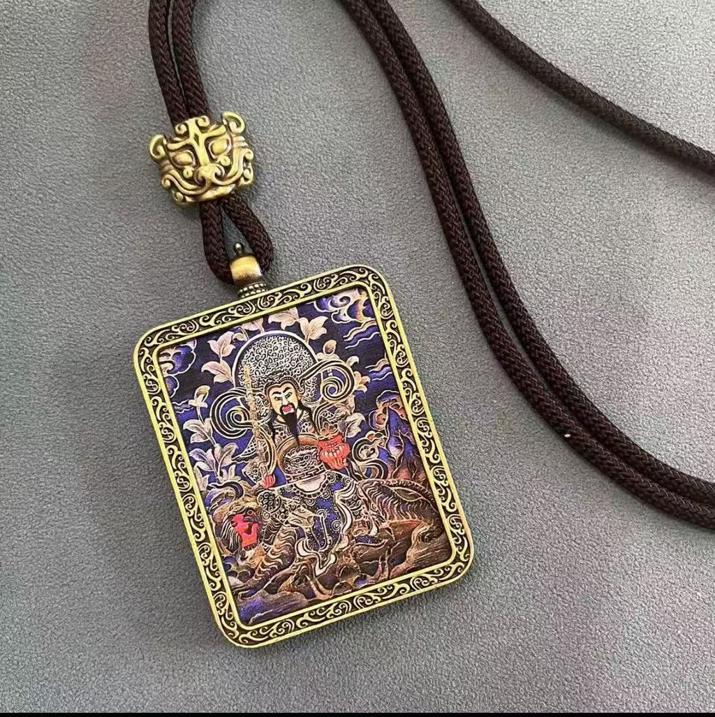 Handmade Tibetan Thangka Pendant Necklace - Samantabhadra Bodhisattva Zodiac Guardian Amulet for Dragon & Snake