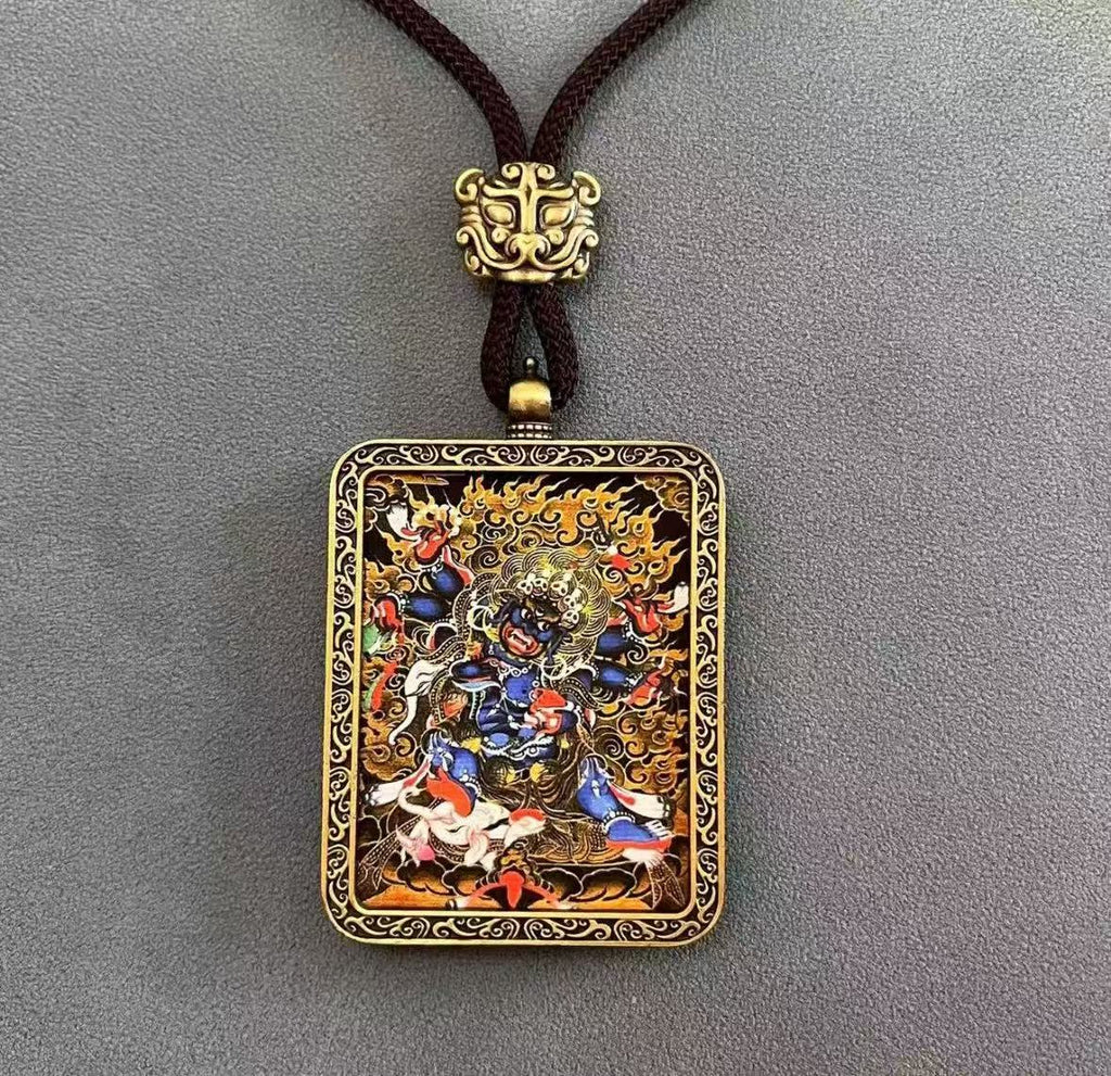 Handmade Tibetan Thangka Pendant Necklace - Samantabhadra Bodhisattva Zodiac Guardian Amulet for Dragon & Snake