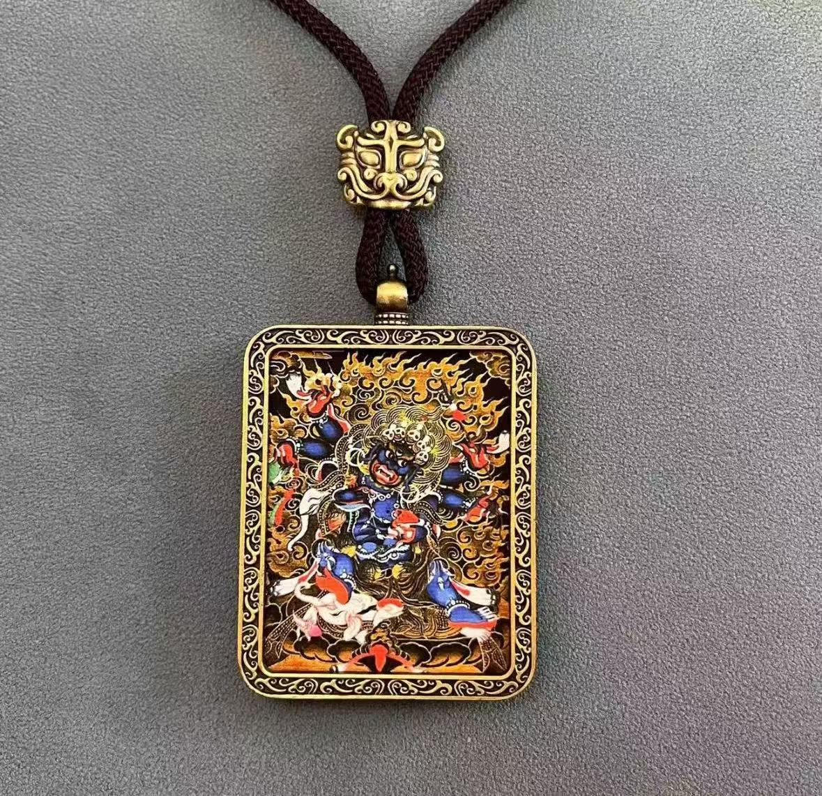 Handmade Tibetan Thangka Pendant Necklace - Samantabhadra Bodhisattva Zodiac Guardian Amulet for Dragon & Snake