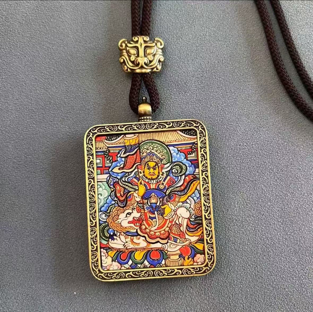 Handmade Tibetan Thangka Pendant Necklace - Samantabhadra Bodhisattva Zodiac Guardian Amulet for Dragon & Snake