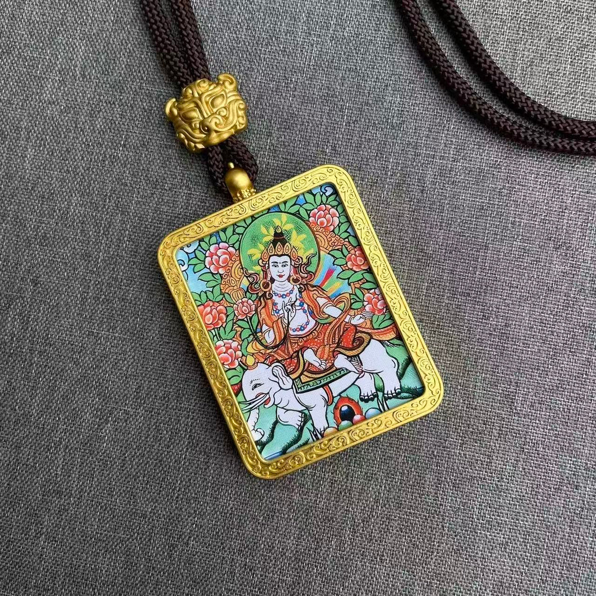 Tibetan Thangka Pendant Necklace - Samantabhadra Bodhisattva