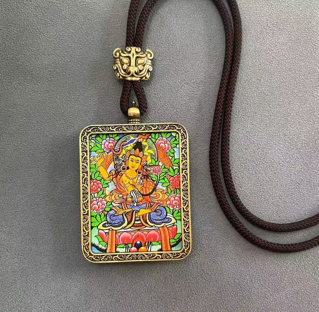 Handmade Tibetan Thangka Pendant Necklace - Samantabhadra Bodhisattva Zodiac Guardian Amulet for Dragon & Snake