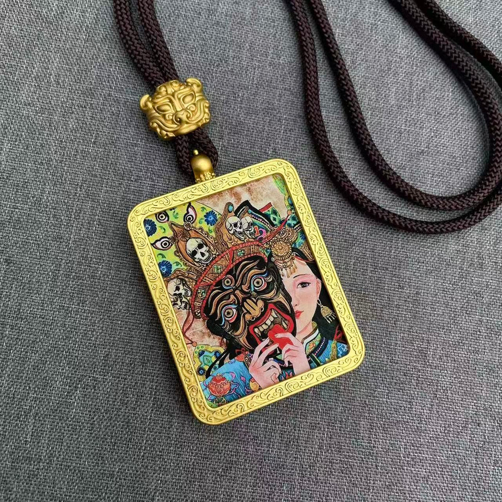 Handmade Tibetan Thangka Pendant Necklace - Samantabhadra Bodhisattva Zodiac Guardian Amulet for Dragon & Snake