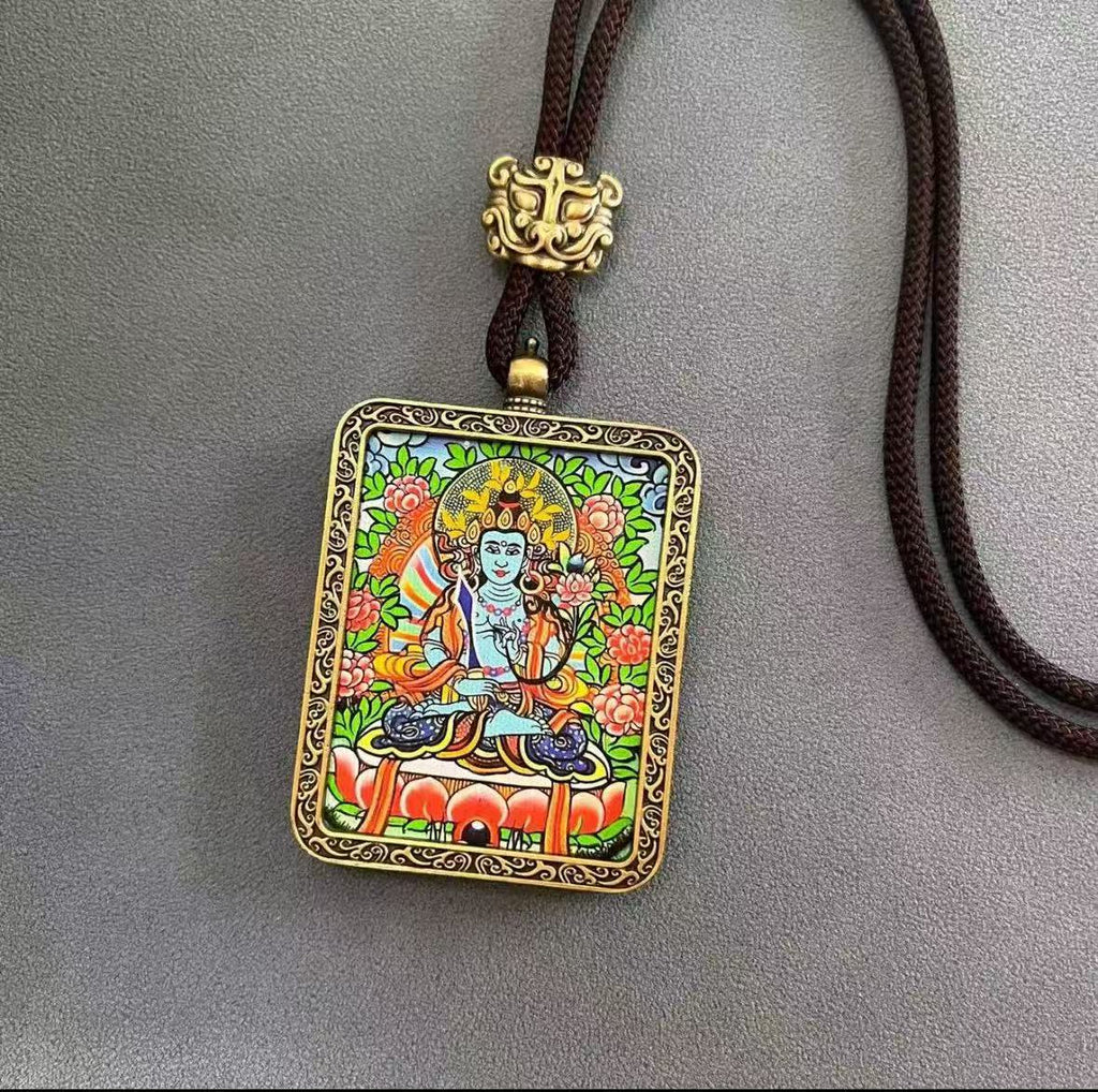 Handmade Tibetan Thangka Pendant Necklace - Samantabhadra Bodhisattva Zodiac Guardian Amulet for Dragon & Snake
