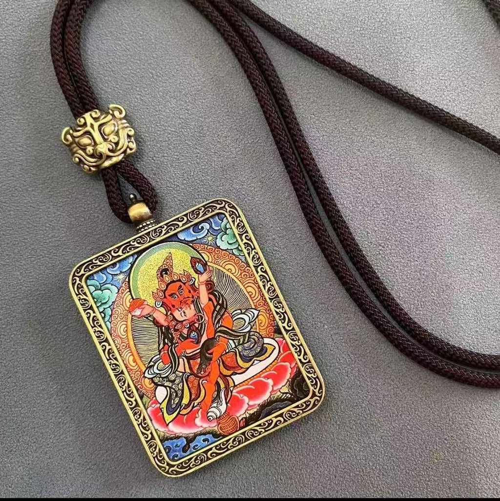 Handmade Tibetan Thangka Pendant Necklace - Samantabhadra Bodhisattva Zodiac Guardian Amulet for Dragon & Snake