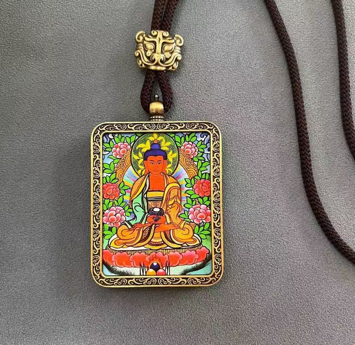 Handmade Tibetan Thangka Pendant Necklace - Samantabhadra Bodhisattva Zodiac Guardian Amulet for Dragon & Snake