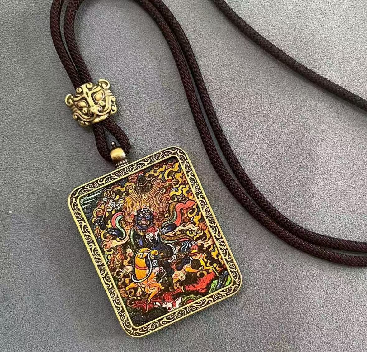 Handmade Tibetan Thangka Pendant Necklace - Samantabhadra Bodhisattva Zodiac Guardian Amulet for Dragon & Snake