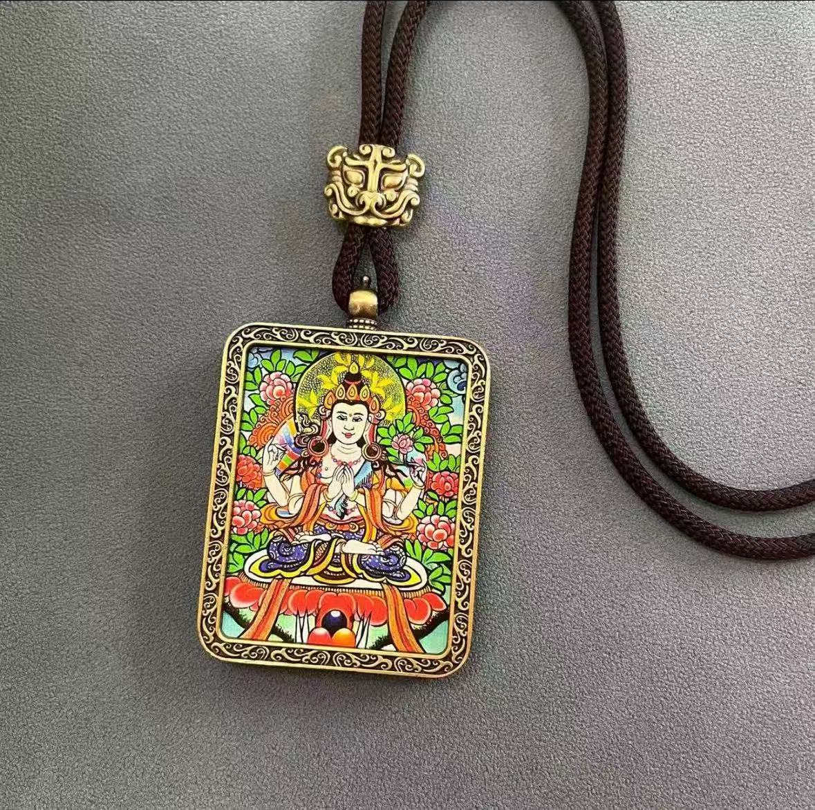 Handmade Tibetan Thangka Pendant Necklace - Samantabhadra Bodhisattva Zodiac Guardian Amulet for Dragon & Snake