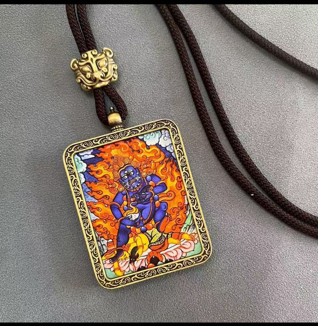 Handmade Tibetan Thangka Pendant Necklace - Samantabhadra Bodhisattva Zodiac Guardian Amulet for Dragon & Snake